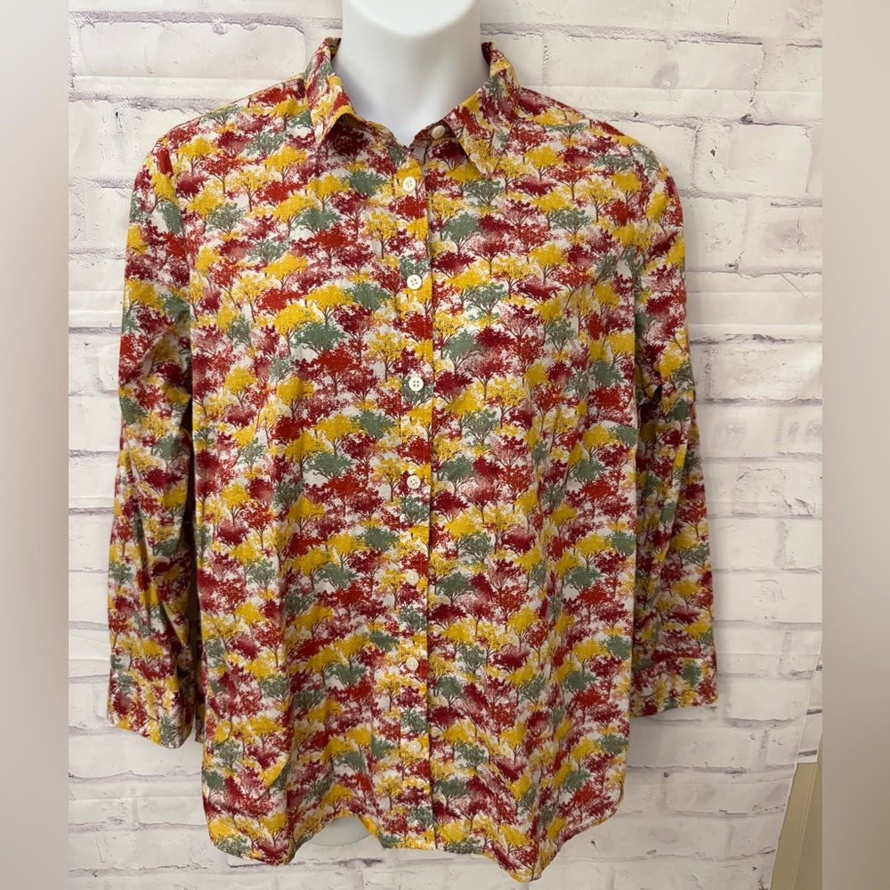 Talbots Woman‎ Sz 2X Fall Autumn Button Down Blouse Top Trees Cotton Red Yellow